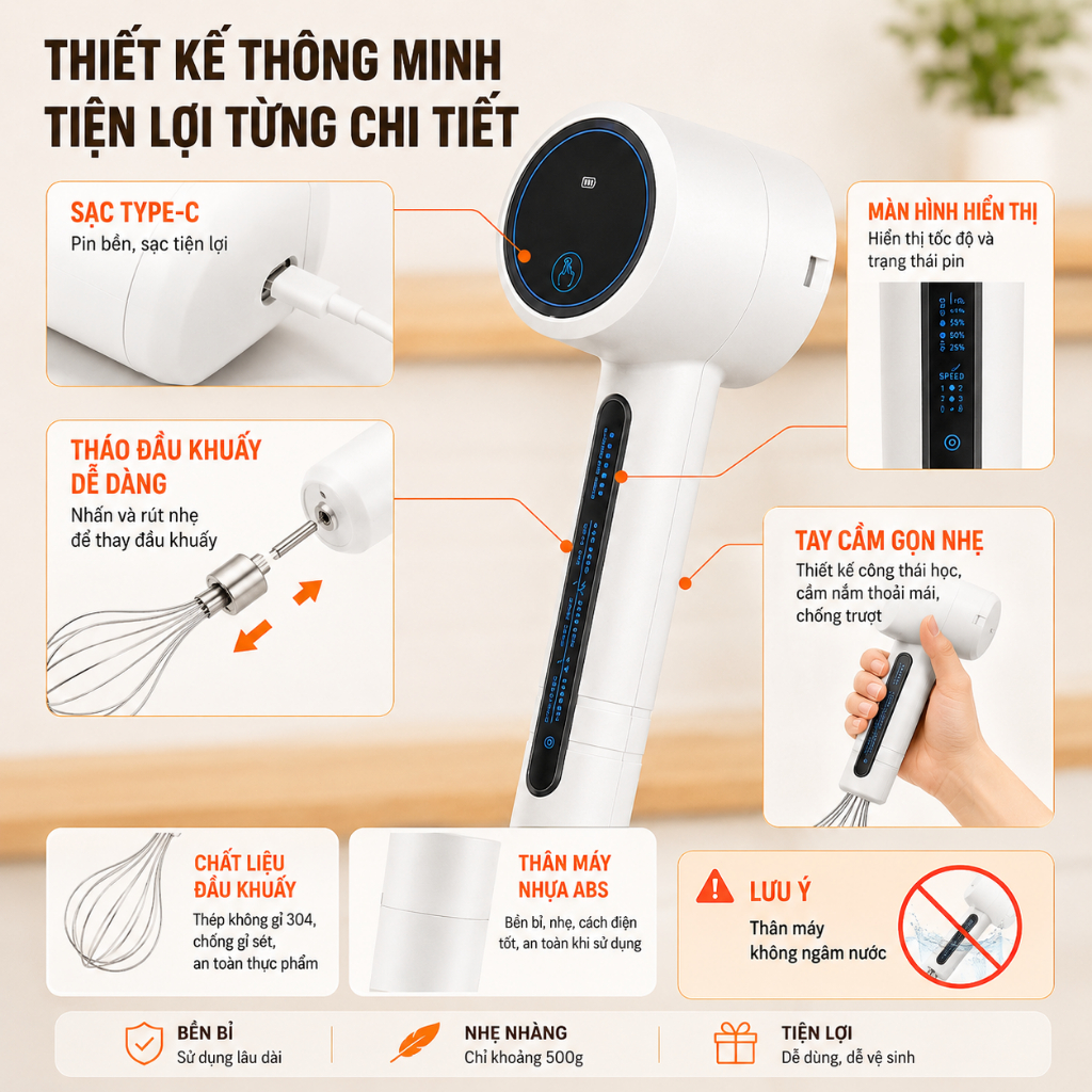 Máy Đánh Trứng Cầm Tay 2 Đầu Khuấy｜3 Tốc Độ｜Sạc Type-C｜Dùng Đánh Trứng, Tạo Bọt Sữa, Khuấy Kem
