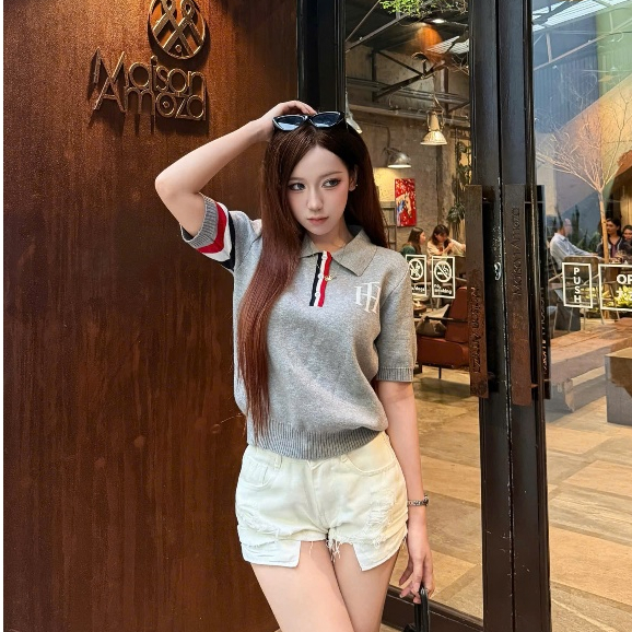 Áo len polo dệt kim dáng nữ phối viền tay, Áo len HT form nữ năng động basic LN04