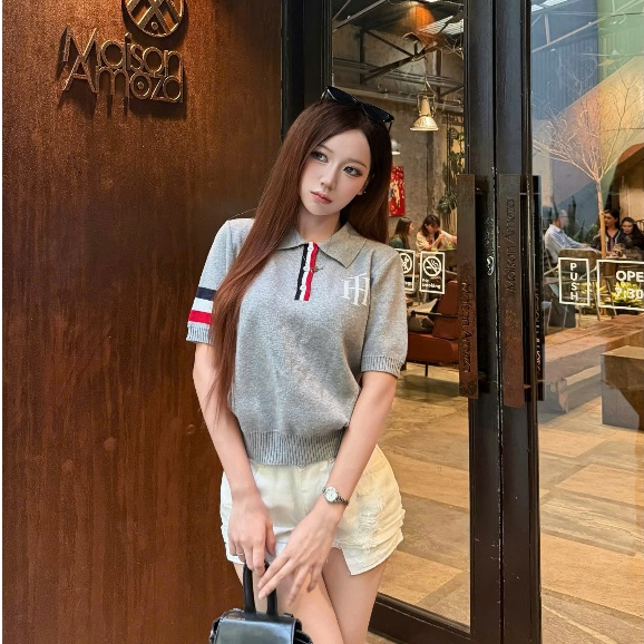 Áo len polo dệt kim dáng nữ phối viền tay, Áo len HT form nữ năng động basic LN04