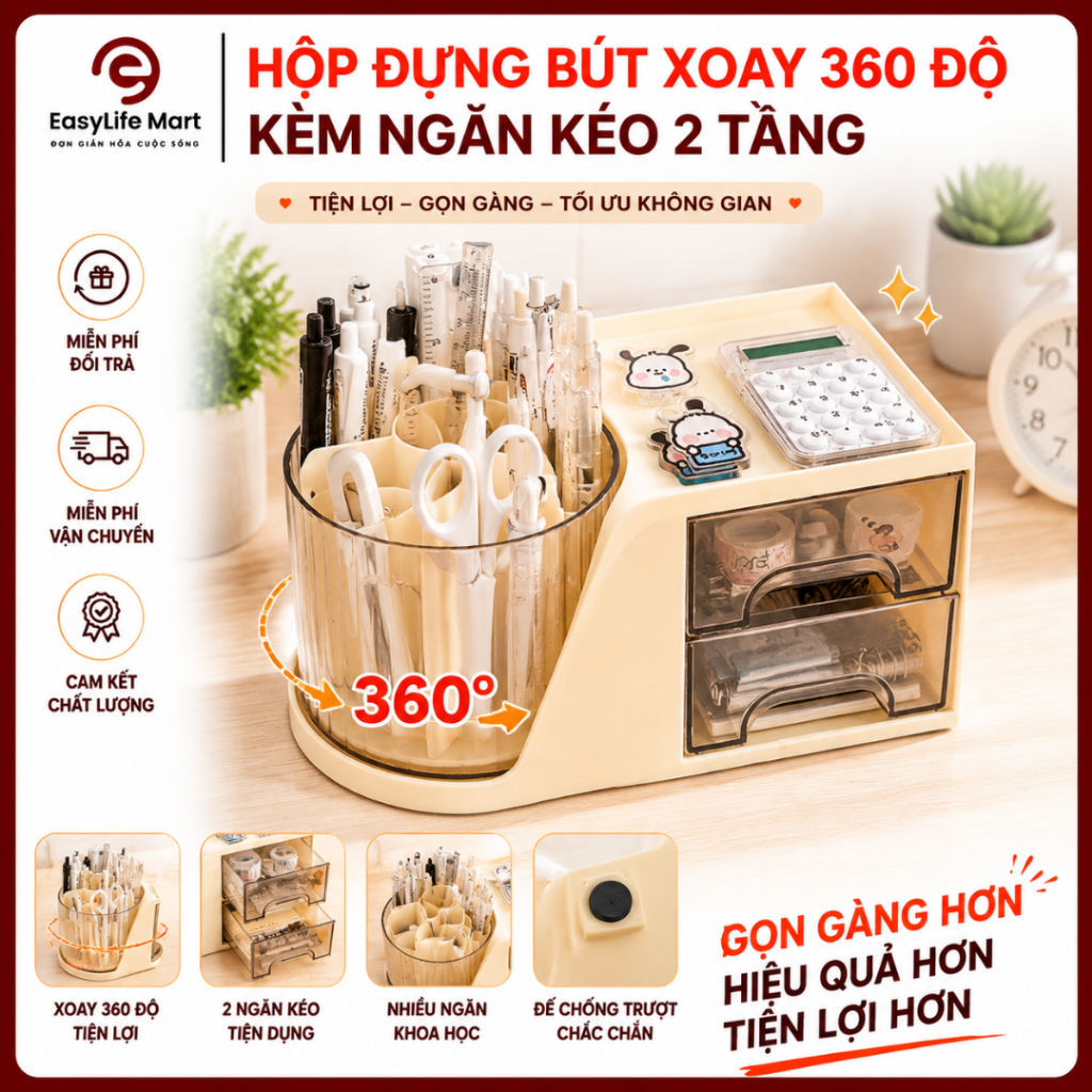 Hộp Đựng Bút Thông Minh Xoay 360° Kèm 2 Tầng Ngăn Kéo, Đựng Đồ Gọn Gàng, Tiện Dụng