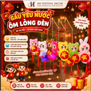 Thú Bông Yêu Nước Cầm Nón Lá Cờ Việt Nam Kèm Đèn Lồng LED Mini Trang Trí Quốc Khánh 2/9 Trung Thu