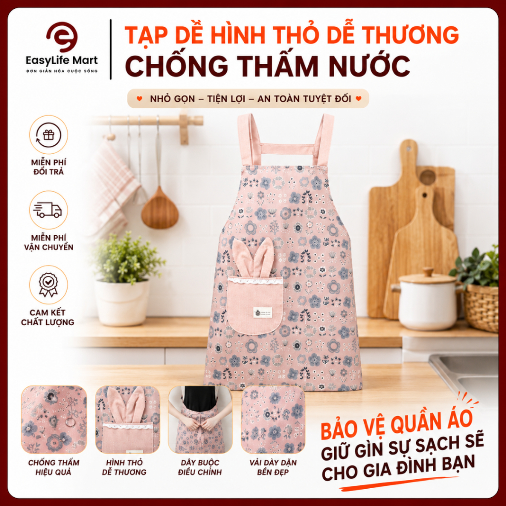 Tạp Dề Hình Thỏ Dễ Thương Chống Thấm Nước - Tạp Dề Nấu Ăn Chống Bám Bẩn Có Túi Lớn, Điều Chỉnh Dây Đeo Cho Gia Đình