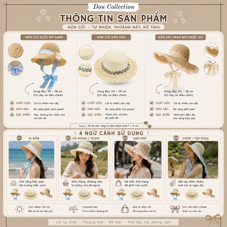 Nón Cói Unisex, Mũ Cói Đi Biển Chống Nắng Màu Be Nhiều Mẫu Phong Cách Vintage Thời Trang Biển Xuân Hè - Mã THNC07