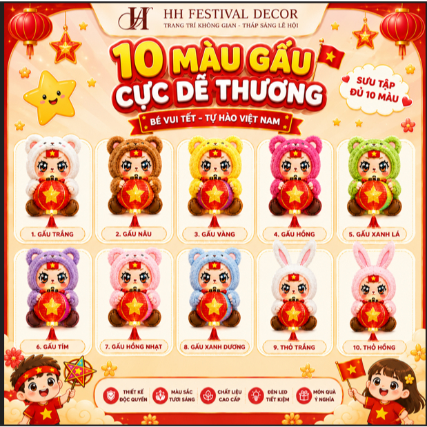 Thú Bông Yêu Nước Cầm Nón Lá Cờ Việt Nam Kèm Đèn Lồng LED Mini Trang Trí Quốc Khánh 2/9 Trung Thu