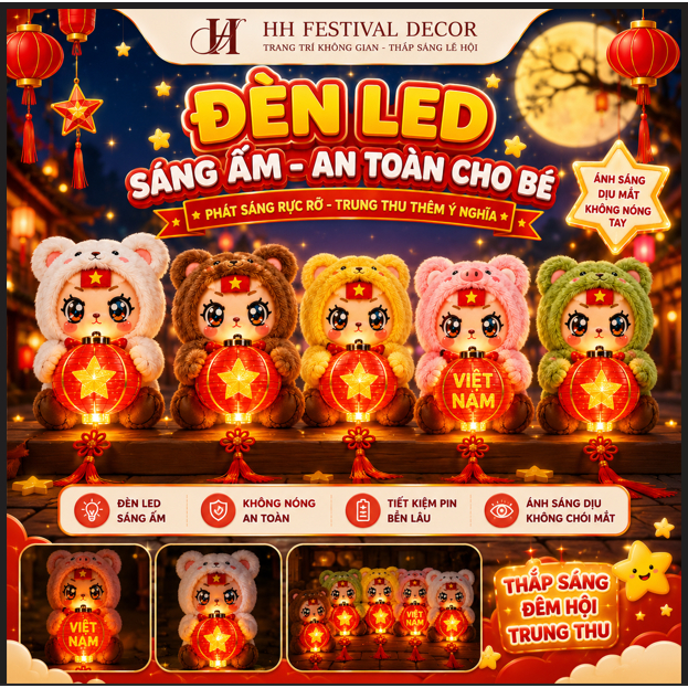Thú Bông Yêu Nước Cầm Nón Lá Cờ Việt Nam Kèm Đèn Lồng LED Mini Trang Trí Quốc Khánh 2/9 Trung Thu