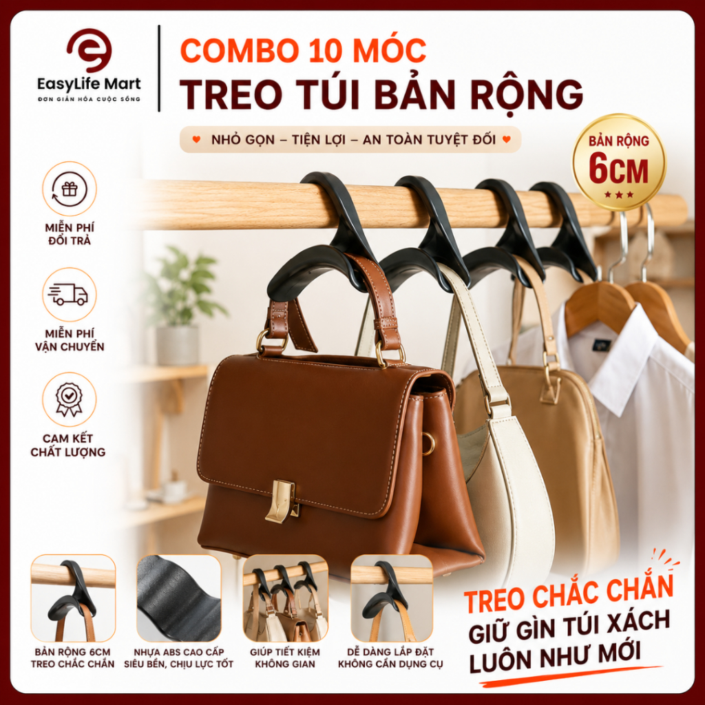 [Combo 10] Móc Treo Túi Xách Bản Rộng Hàn Quốc Chống Rơi, Giữ Túi Thẳng Form, Gọn Gàng