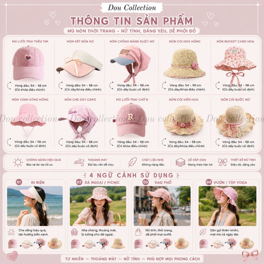Mũ Lưỡi Trai Unisex, Nón Cói, Mũ Tai Bèo Chống Nắng Tone Hồng Ngọt Ngào Thời Trang Mùa Hè Năng Động - Mã THM06