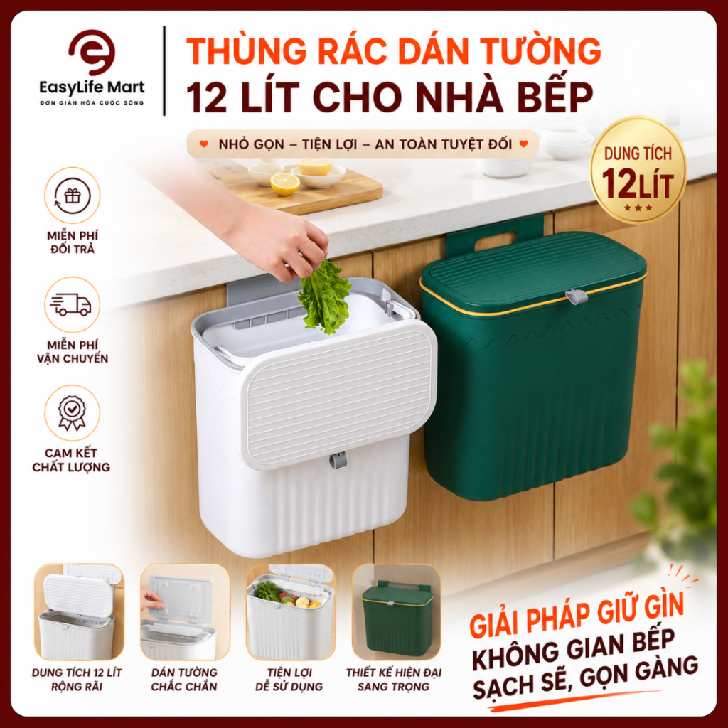 Thùng Rác 12L Gắn Tường Có Nắp Lật, Ngăn Mùi Hiệu Quả, Tiện Dụng Cho Nhà Bếp