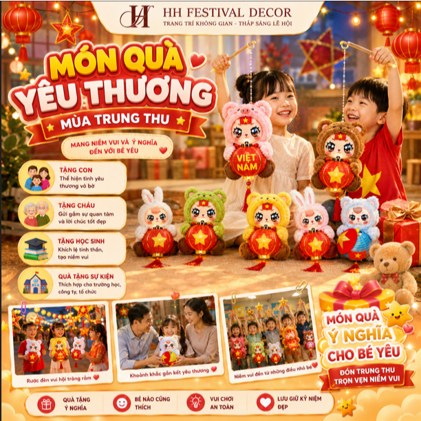 Thú Bông Yêu Nước Cầm Nón Lá Cờ Việt Nam Kèm Đèn Lồng LED Mini Trang Trí Quốc Khánh 2/9 Trung Thu