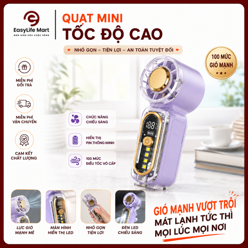 [Mới] Quạt Mini Cầm Tay Tốc Độ Cao 2 Trong 1, 100 Mức Gió, Điều Chỉnh 6 Tốc Độ, Pin Sạc 1800mAh