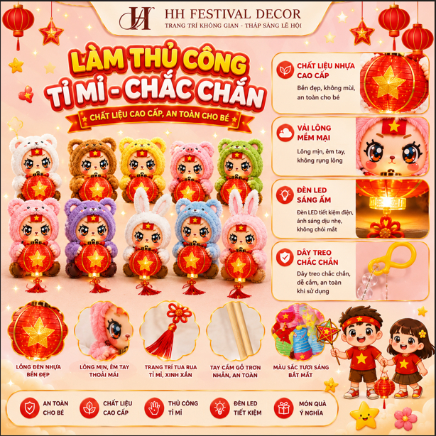 Thú Bông Yêu Nước Cầm Nón Lá Cờ Việt Nam Kèm Đèn Lồng LED Mini Trang Trí Quốc Khánh 2/9 Trung Thu
