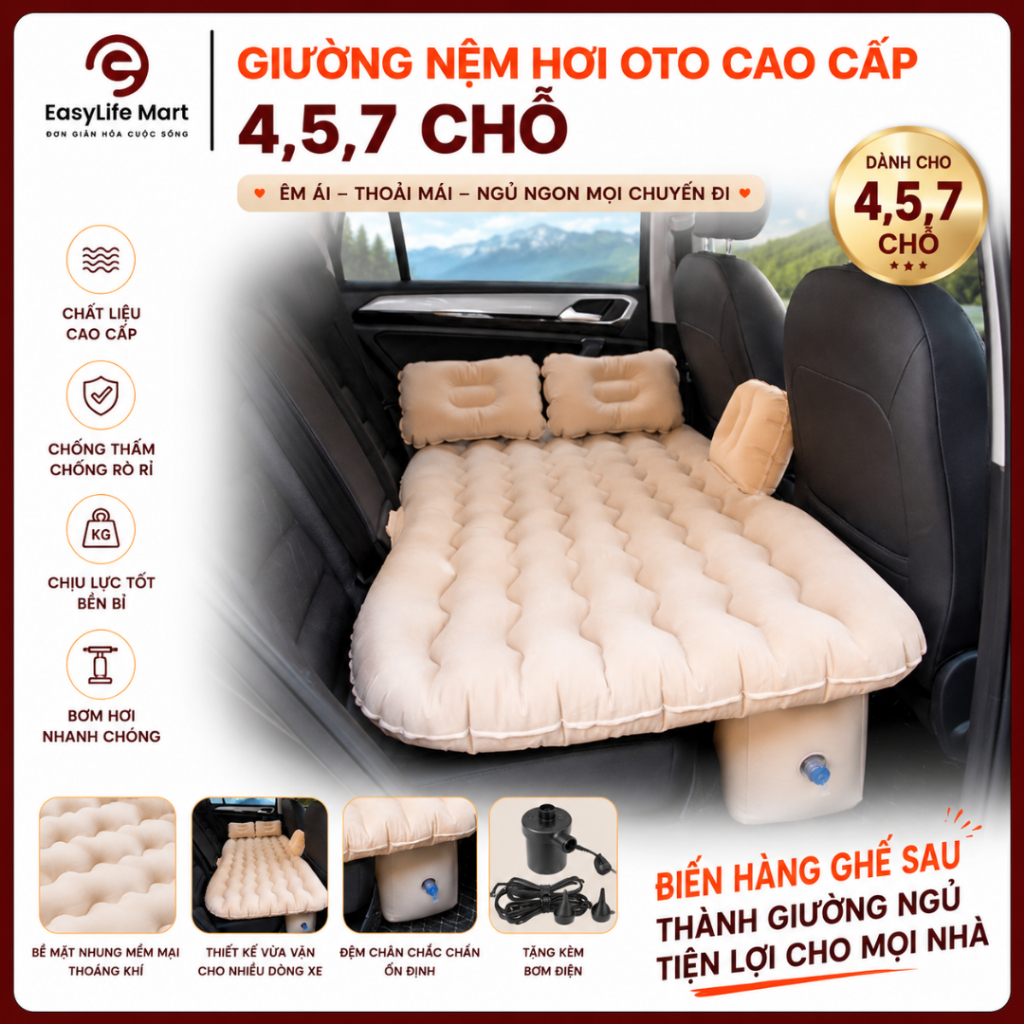 Giường Hơi Ô Tô Ghế Sau Full Bộ Kèm Bơm Điện, 2 Gối, Miếng Vá - Đệm Hơi Xe Hơi Du Lịch Camping Cho Xe 4-7 Chỗ