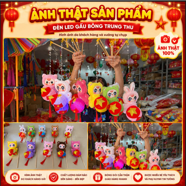 Thú Bông Yêu Nước Cầm Nón Lá Cờ Việt Nam Kèm Đèn Lồng LED Mini Trang Trí Quốc Khánh 2/9 Trung Thu