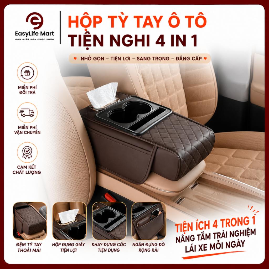 Đệm Tỳ Tay Ô Tô Đa Năng 4 Trong 1 - Hộp Tỳ Tay Xe Hơi Bọc Da PU Cao Cấp, Hộp Lưu Trữ Tay Vịn Chống Mỏi, Tiện Lợi