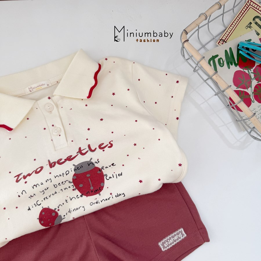 Set bộ polo cộc tay bé gái tay bồng Miniumbaby mix hình dễ thương cổ bèo, chất cotton mềm mát SB2669