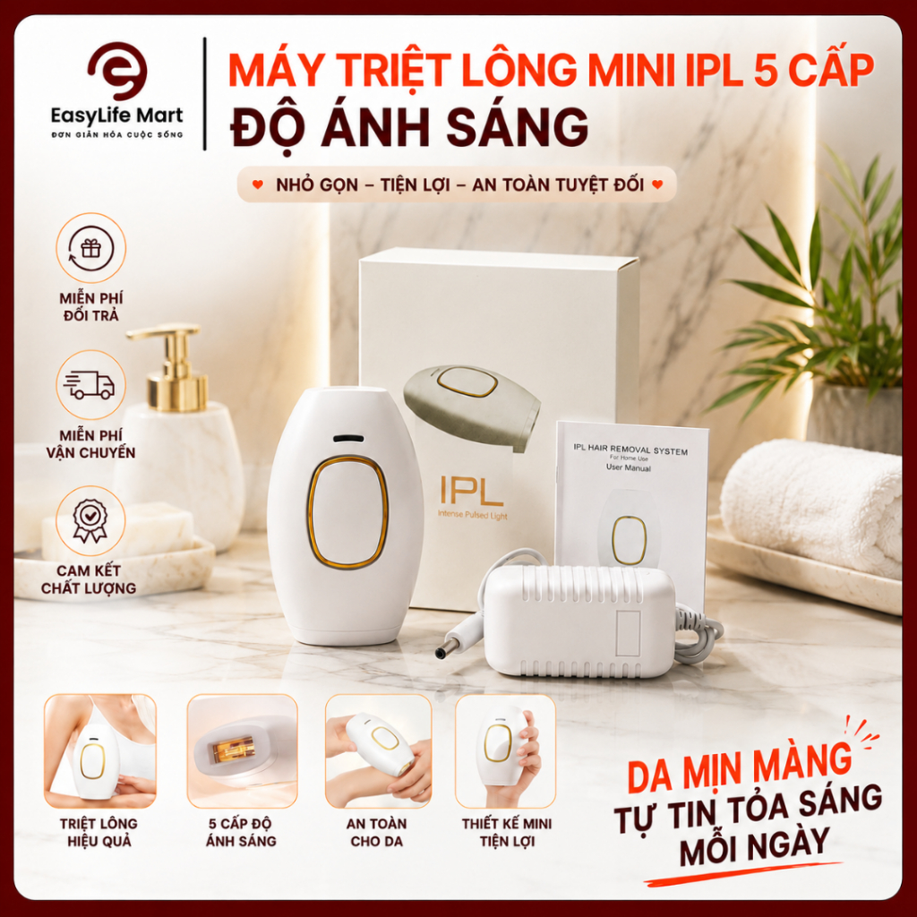 Máy triệt lông mini 5 cấp độ ánh sáng công nghệ IPL, hỗ trợ loại bỏ lông hiệu quả và an toàn tại nhà