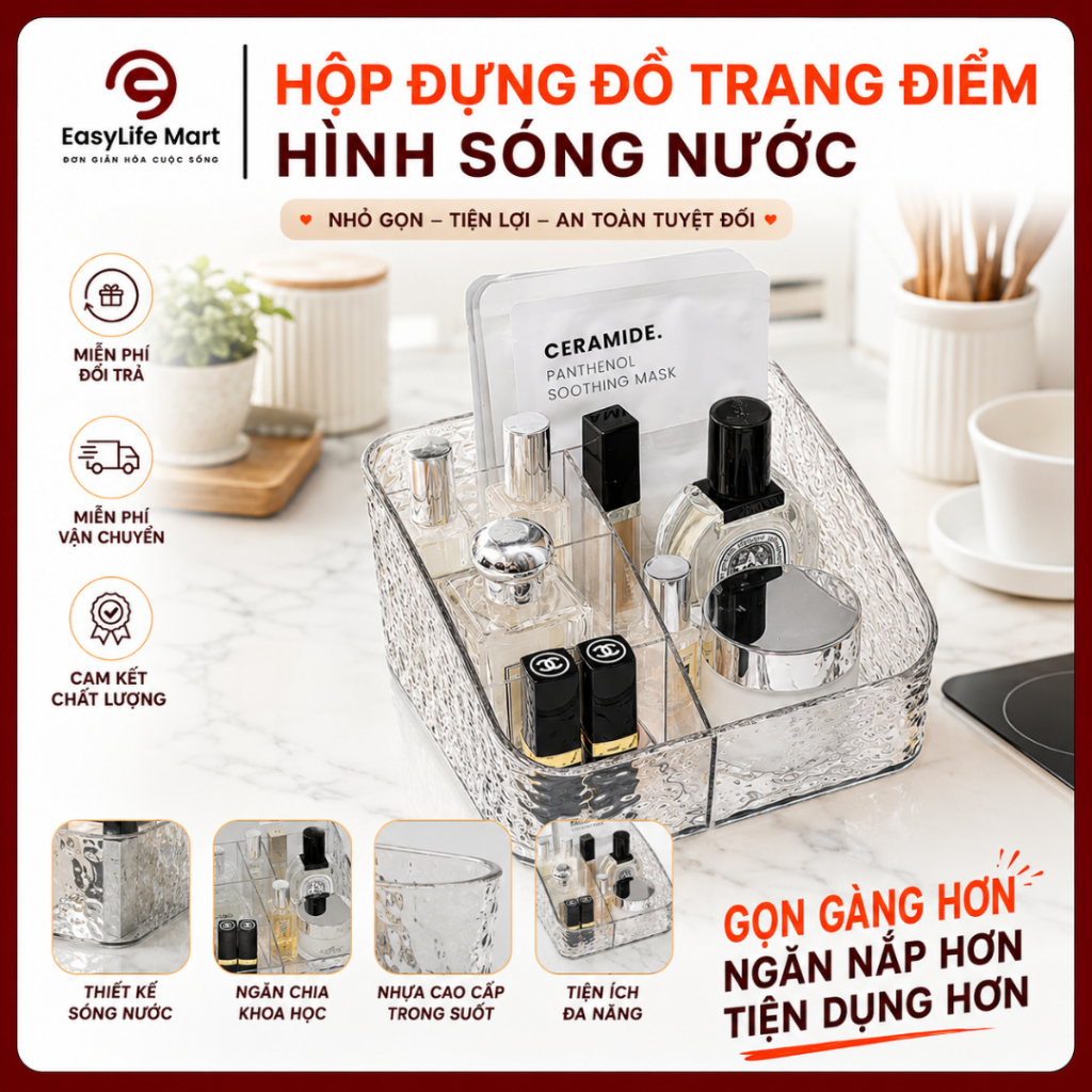 Kệ Đựng Mỹ Phẩm Sóng Nước 4/5 Ngăn - Khay Đựng Mỹ Phẩm, Son Môi, Skincare Để Bàn Trang Điểm Gọn Gàng, Tiện Lợi