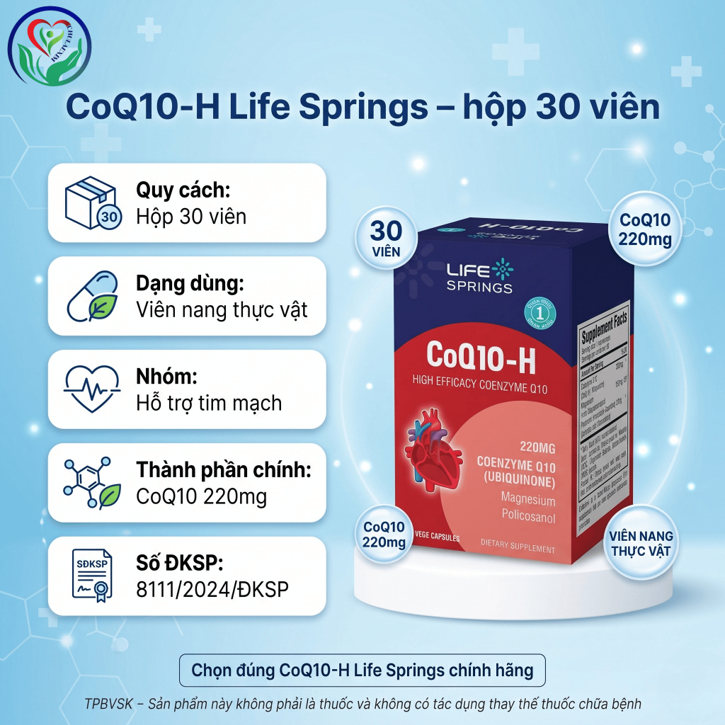 CoQ10-H Life Springs 30 viên, bổ sung Coenzyme Q10 220mg hỗ trợ chống oxy hóa, tim mạch