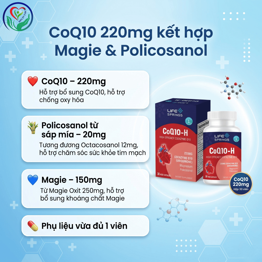 CoQ10-H Life Springs 30 viên, bổ sung Coenzyme Q10 220mg hỗ trợ chống oxy hóa, tim mạch