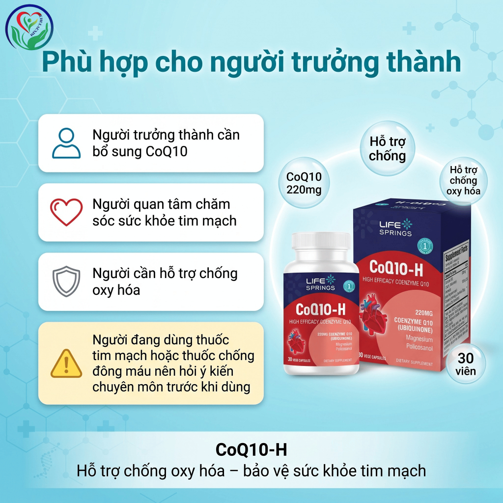CoQ10-H Life Springs 30 viên, bổ sung Coenzyme Q10 220mg hỗ trợ chống oxy hóa, tim mạch