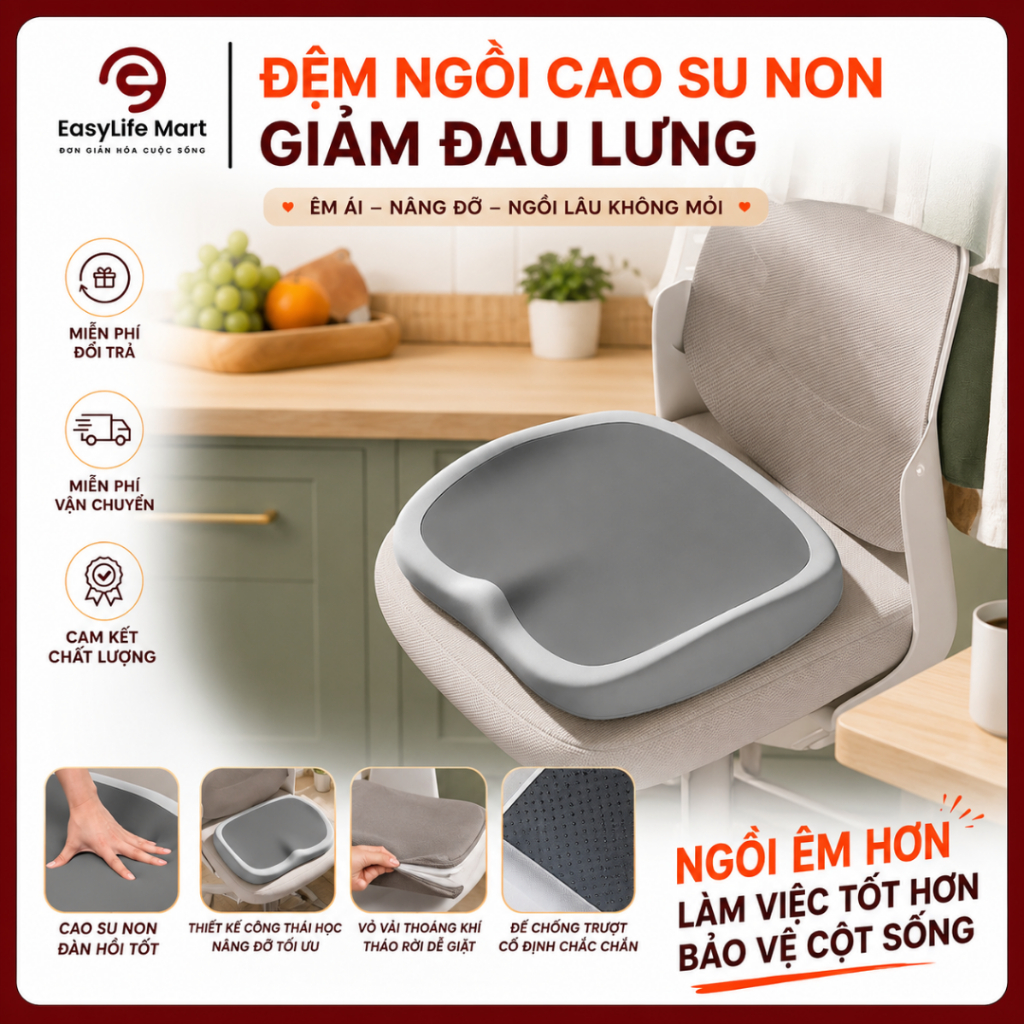 Đệm Ngồi 3D Công Thái Học Cao Su Non Hỗ Trợ Hông, Dáng Ngồi Chuẩn, Giảm Mỏi Lưng