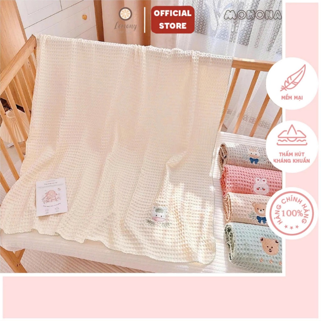 Chăn lưới Hàn Quốc, chăn đắp cho bé chất liệu Cotton Waffle thoáng khí, họa tiết dễ thương