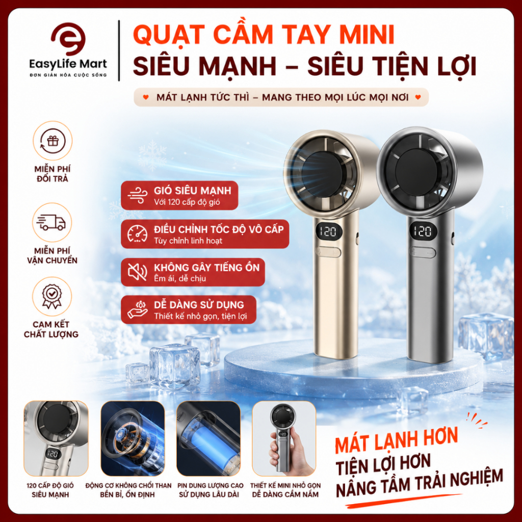 Quạt Mini Cầm Tay 120 Tốc Độ Siêu Mạnh, Gió Lớn Êm Ái, Nhỏ Gọn Bỏ Túi, Có Màn Hình Hiển Thị Pin  [Q2]