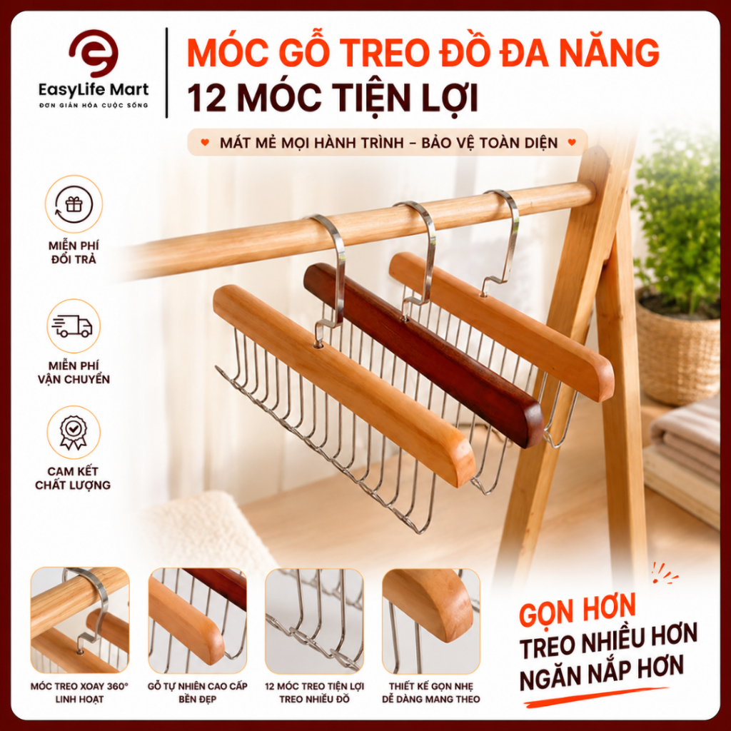Móc Gỗ Treo Đồ Đa Năng , Treo Đồ Lót, Cà Vạt, Tất, Áo 2 Dây Inox Chống Gỉ, Sang Trọng