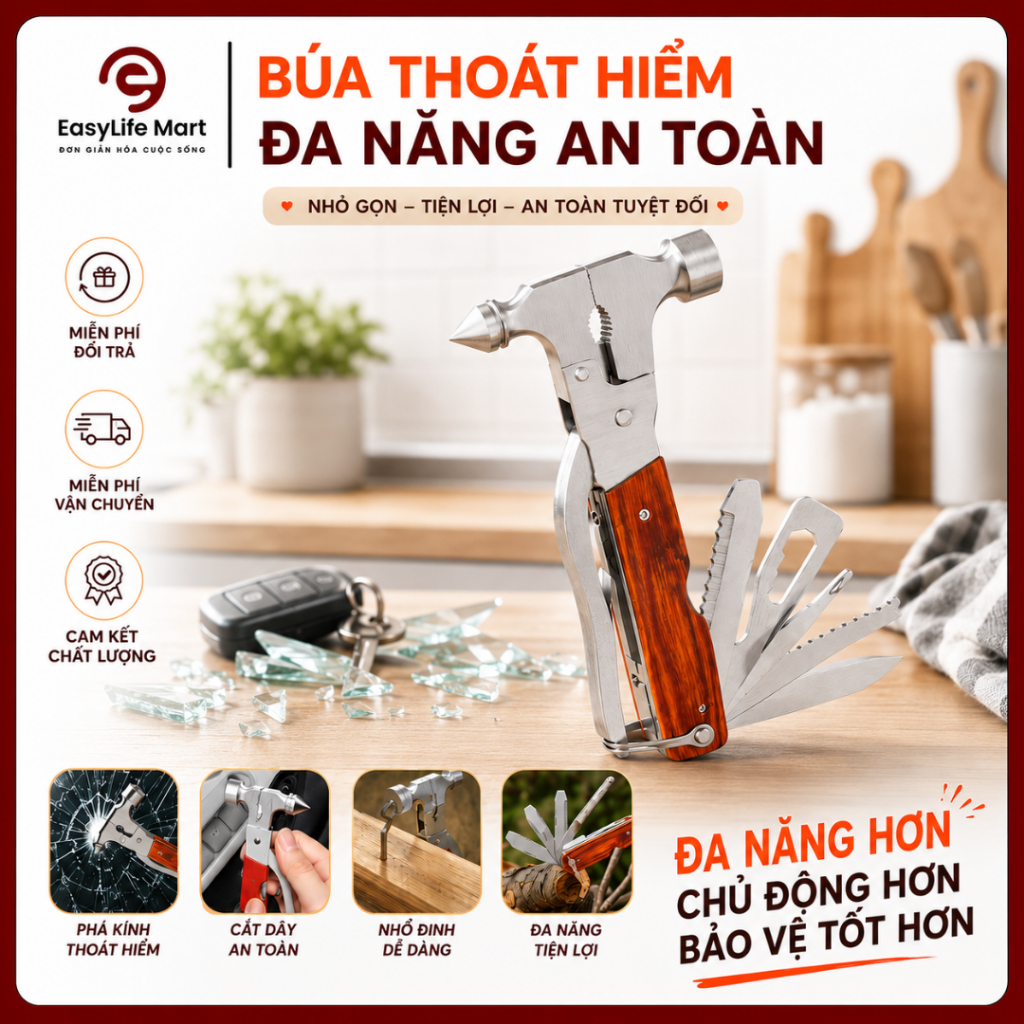 Búa Phá Kính Ô Tô 7in1 Đa Năng Búa Thoát Hiểm, Dao Cắt Dây, Dụng Cụ Sinh Tồn