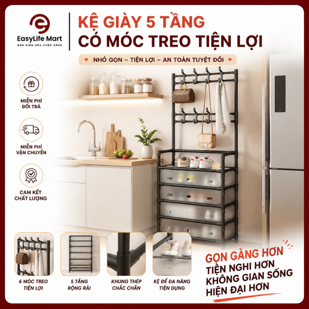 Kệ Giày 5 Tầng Có Màn Che Chống Bụi Tủ Giày Dép Đa Năng Tiết Kiệm Diện Tích, Gọn Gàng Cho Gia Đình
