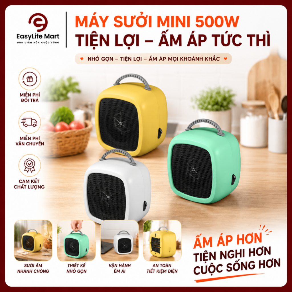 Quạt Sưởi Mini Để Bàn 500W  Làm Ấm Nhanh, Êm Ái, Tiết Kiệm Điện Cho Mùa Lạnh