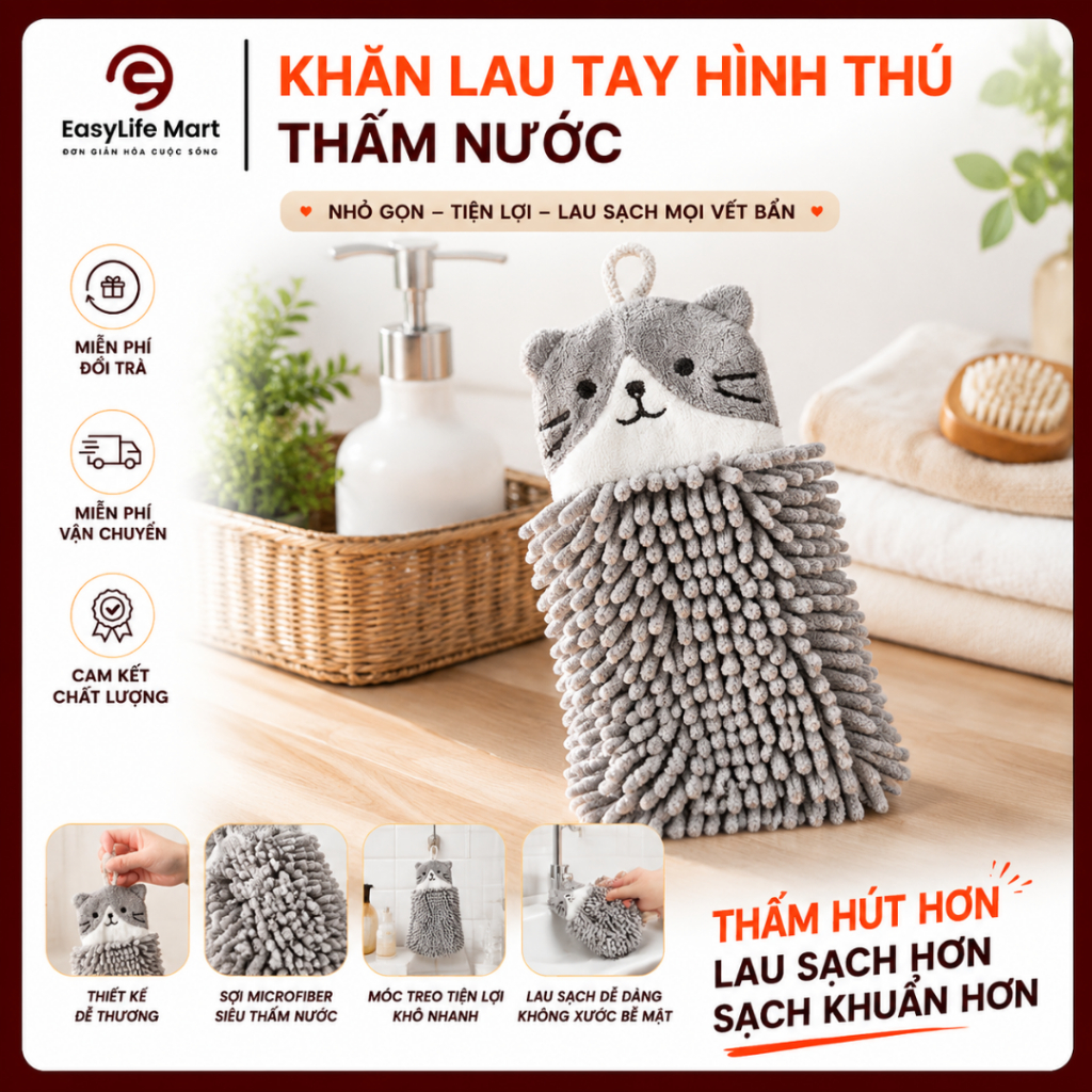 Khăn Lau Tay Vải San Hô Treo Tường Hình Thú Dễ Thương - Khăn Thấm Nước Nhanh, Mềm Mại, Có Dây Treo Cho Nhà Bếp