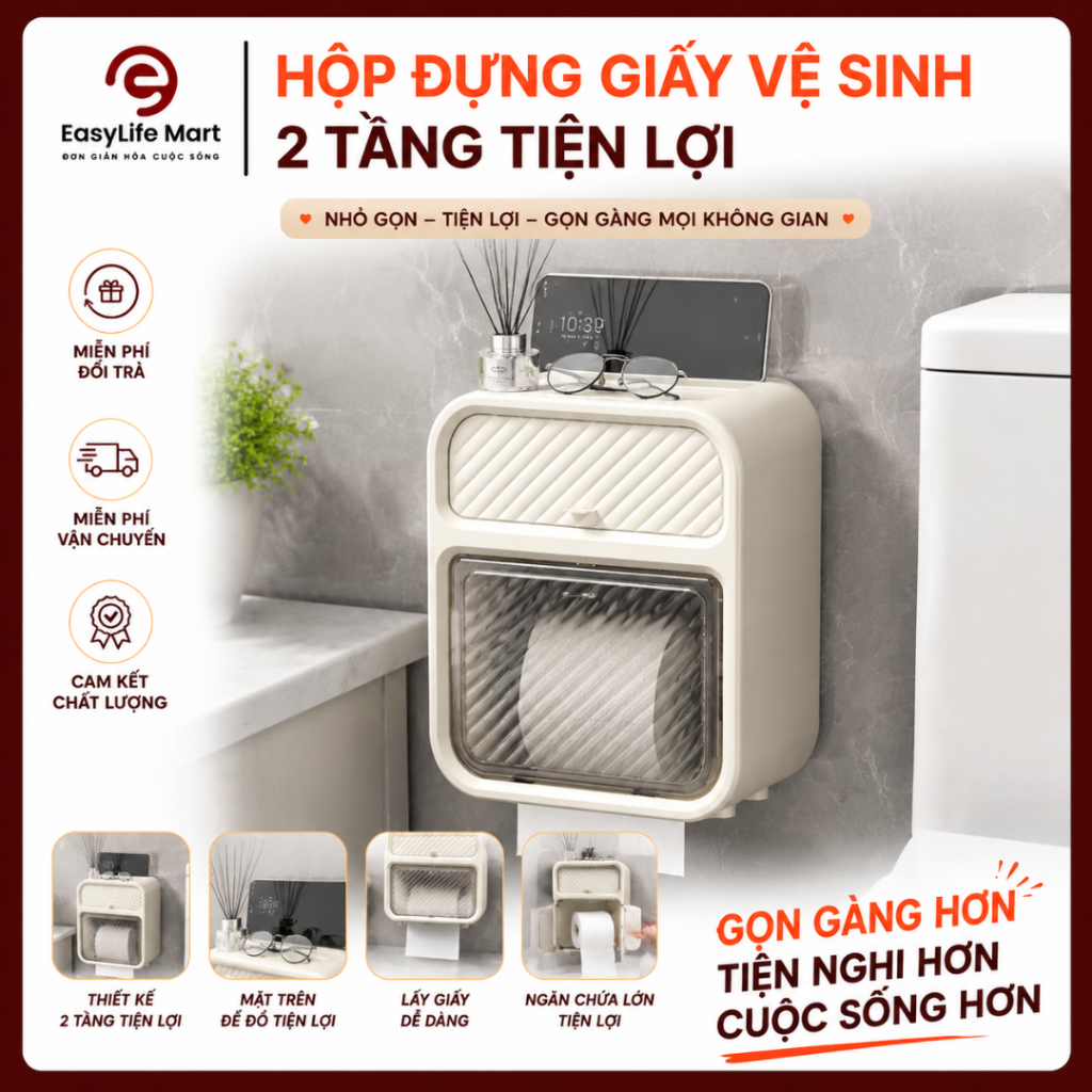 Hộp đựng giấy vệ sinh treo tường đa năng 2 tầng, tích hợp kệ đặt điện thoại