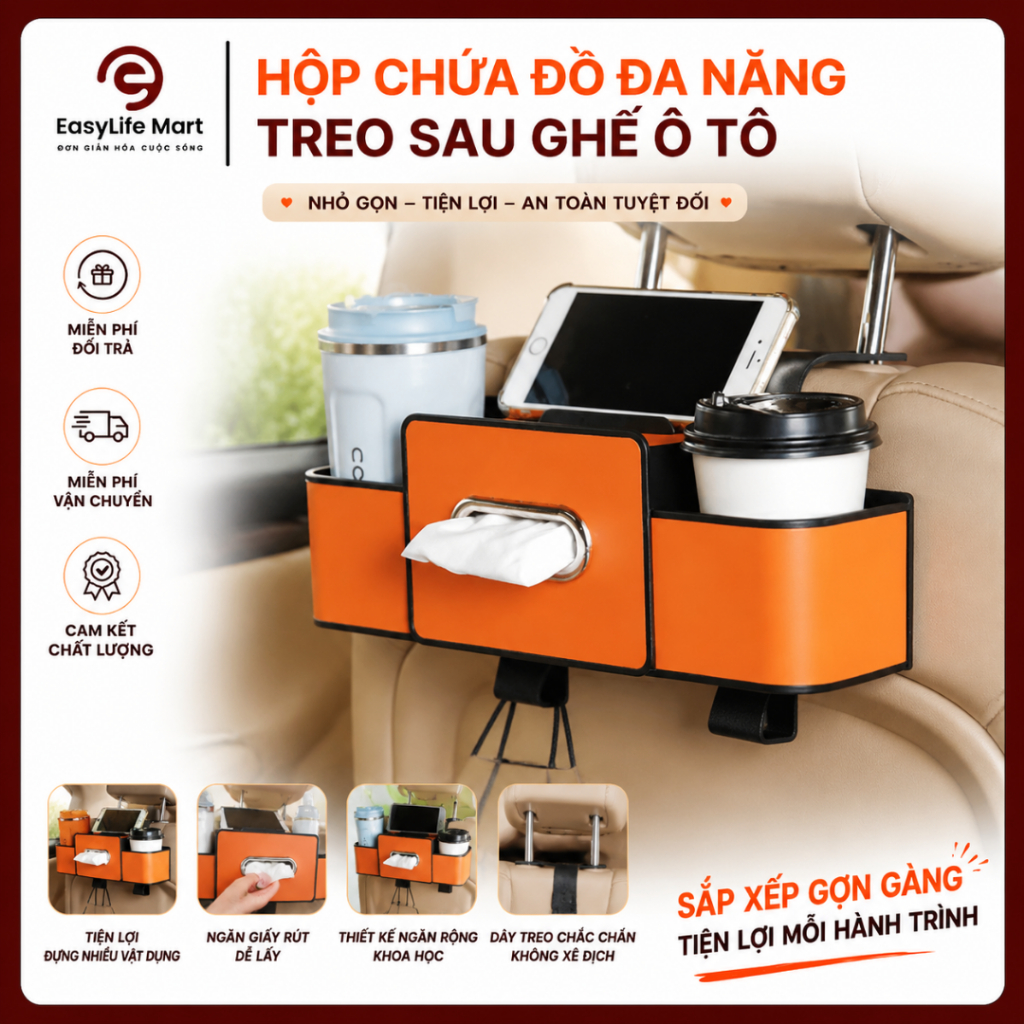 Hộp Đựng Đồ Treo Sau Ghế Ô Tô Đa Năng - Khay Đựng Điện Thoại, Móc Treo Túi Xách, Hộp Lưu Trữ Tiện Lợi Cho Xe Hơi