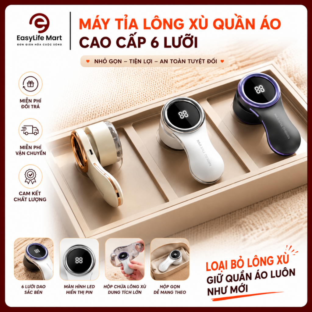Máy Tỉa Lông Xù Quần Áo Cao Cấp 6 Lưỡi, Pin Sạc USB, Làm Mịn Vải Nhanh Không Xước, Đứt Vải