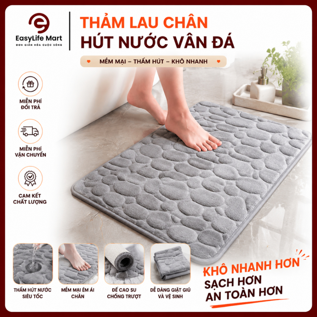 Thảm Lau Chân Chống Trượt Cao Cấp Hình Vân Đá, Hút Nước Tốt, Trang Trí Sang Trọng