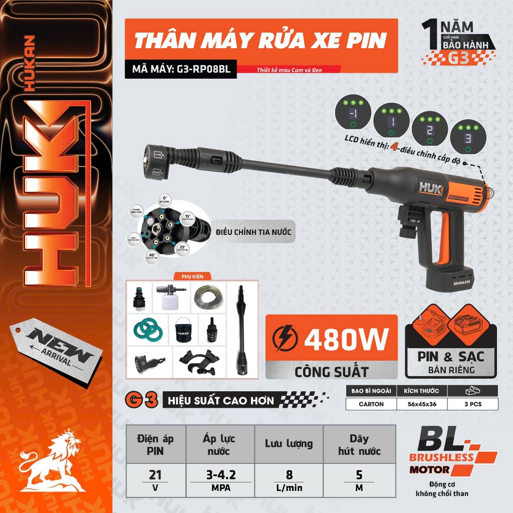 Thân Máy Rửa Xe HUKAN G3-RP08BL| Máy Xịt Rửa Công Suất Cao 480W, Rửa Xe Máy, Rửa ô tô, Xịt Rửa Sân Vườn,Rong Rêu,...