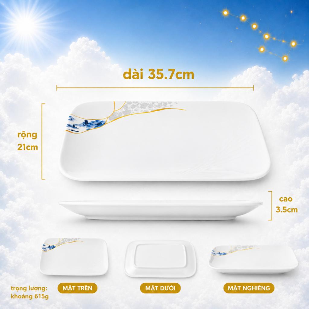 Đĩa Chữ Nhật  801-14  Melamine A8 Tuyết Vân Ngọc Lam – Phong Cách Tân Trung Hoa Sang Trọng