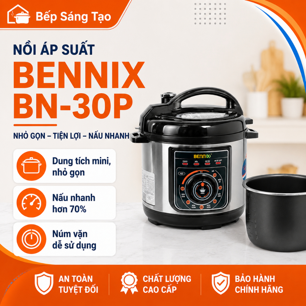 Nồi áp suất điện Mini 2.8L Bennix BN-30P, chính hãng, phù hợp gia đình nhỏ, 2-3 người dùng