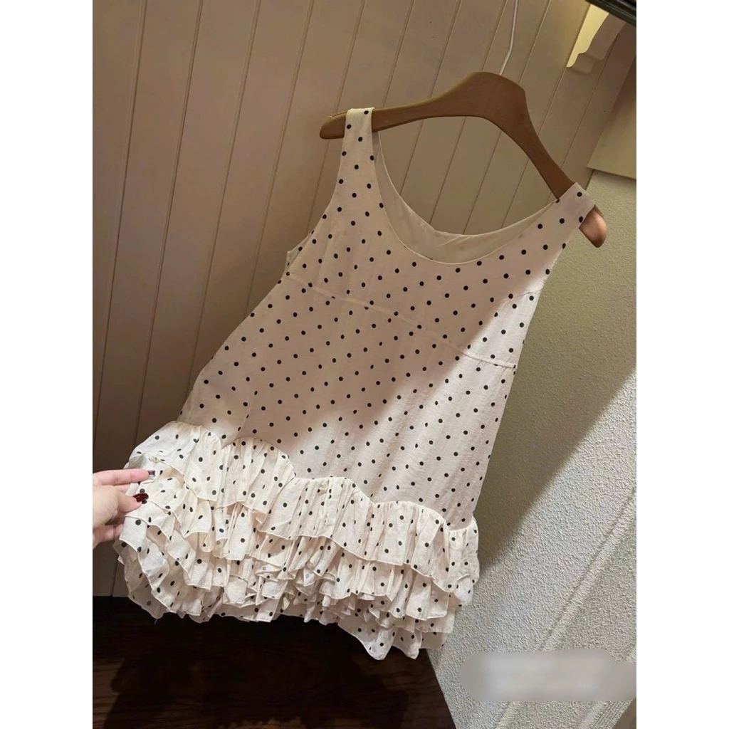 (Sẵn Hỏa Tốc) Váy babydoll sát nách hoạ tiết chấm bi phối tầng bèo điệu đà xinh