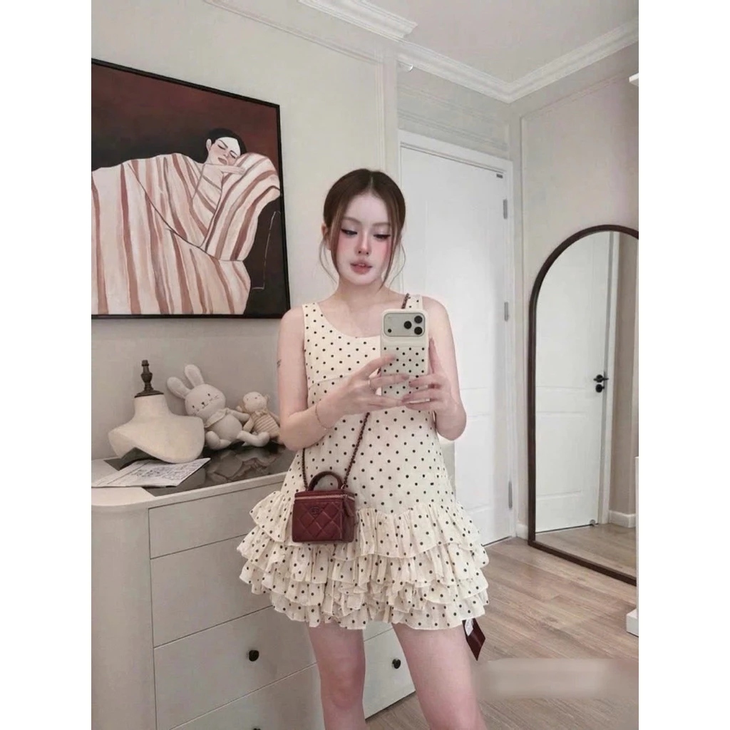 (Sẵn Hỏa Tốc) Váy babydoll sát nách hoạ tiết chấm bi phối tầng bèo điệu đà xinh