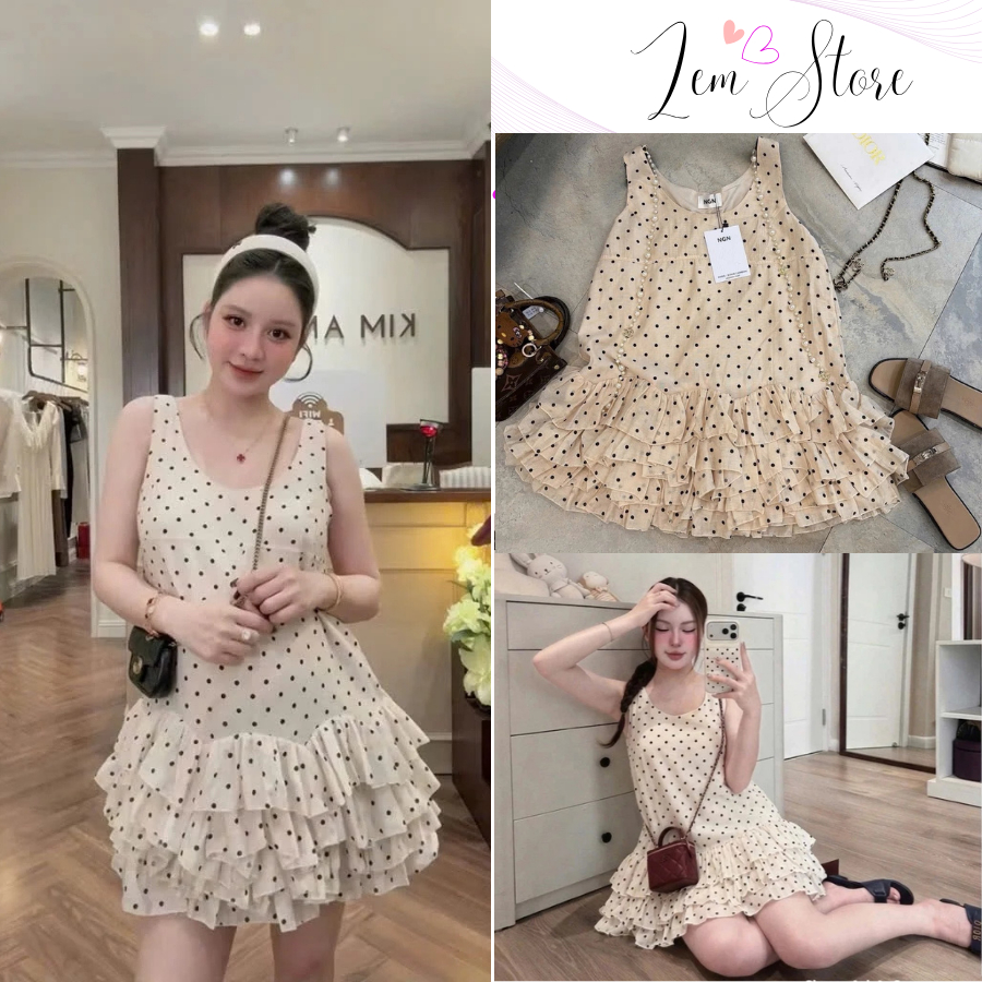 (Sẵn Hỏa Tốc) Váy babydoll sát nách hoạ tiết chấm bi phối tầng bèo điệu đà xinh