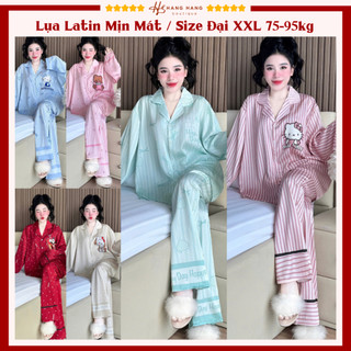 Đồ ngủ nữ bigsize cỡ đại 75-95kg, pijama dài tay dài lụa latin mịn mát 95DD01, đồ bộ nữ đồ mặc nhà dễ thương sang chảnh