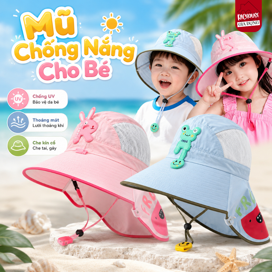 Mũ Chống Nắng Trẻ Em Vành Rộng Có Che Cổ, Nón Chống Tia UV Cho Bé Đi Biển Có Dây Đeo Và Còi An Toàn