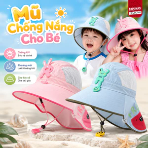 Mũ Chống Nắng Trẻ Em Vành Rộng Có Che Cổ, Nón Chống Tia UV Cho Bé Đi Biển Có Dây Đeo Và Còi An Toàn