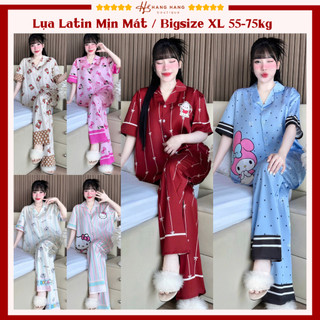 Bộ đồ ngủ pijama nữ bigsize 55-75kg dài cộc tay ngắn lụa lạnh latin mịn mát 75CD05, đồ bộ mặc nhà dễ thương sang chảnh
