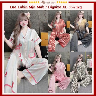 Đồ ngủ nữ bigsize 55-75kg, pijama dài cộc tay ngắn lụa latin mịn mát 75CD08, đồ bộ nữ đồ mặc nhà dễ thương sang chảnh