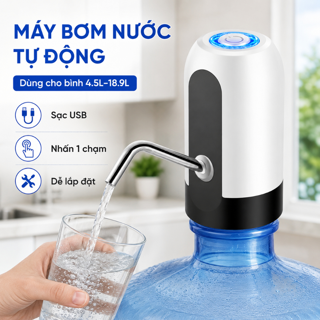 Máy Bơm Nước Tự Động Cho Bình 4.5L–18.9L｜Sạc USB｜Nhấn Một Chạm｜Vòi Inox｜Dễ Lắp Đặt