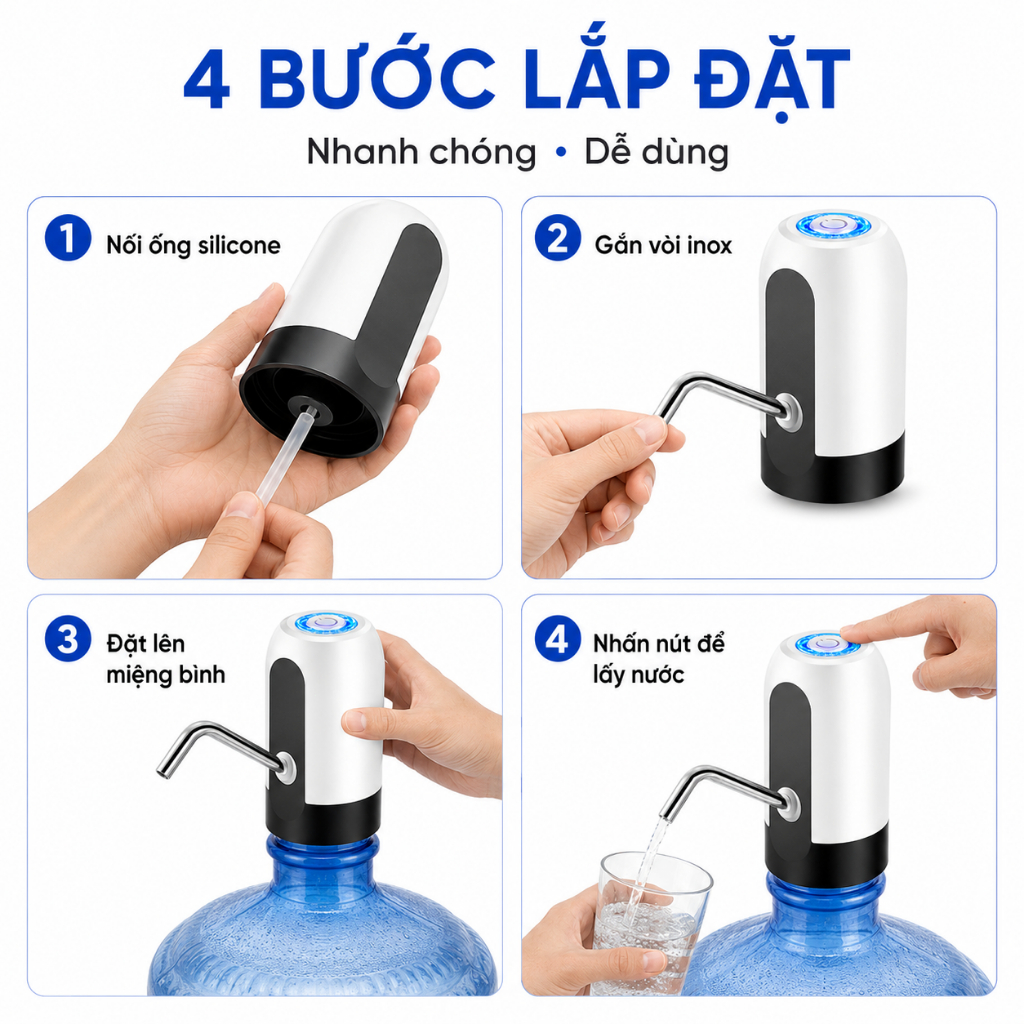 Máy Bơm Nước Tự Động Cho Bình 4.5L–18.9L｜Sạc USB｜Nhấn Một Chạm｜Vòi Inox｜Dễ Lắp Đặt