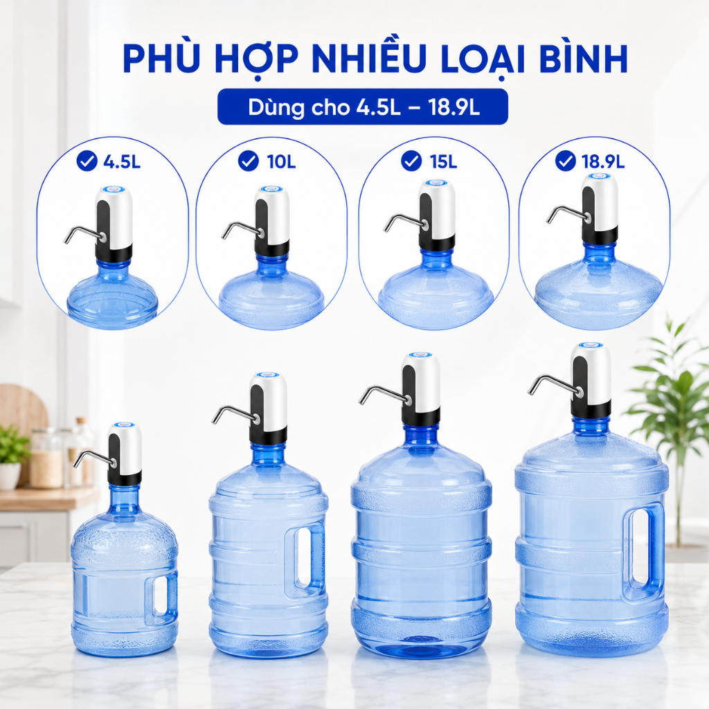 Máy Bơm Nước Tự Động Cho Bình 4.5L–18.9L｜Sạc USB｜Nhấn Một Chạm｜Vòi Inox｜Dễ Lắp Đặt